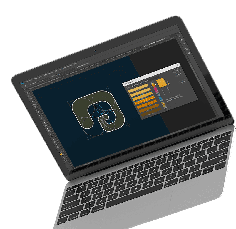 Ilustração contendo um celular, um notebook e uma paleta de cores digital
